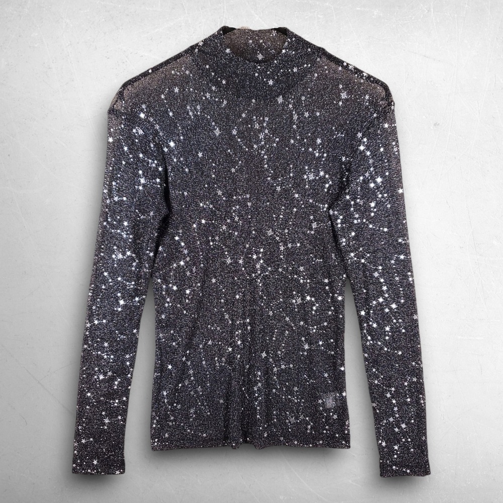MANGOPOP Star Print Sheer Mesh Top Women M Black Whimsigoth Fairycore Celestial